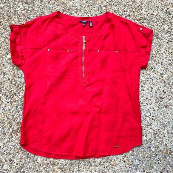 Like New Ellen Tracy Red Linen Gold Details Short Sleeve Blouse Size L - Picture 1 of 9